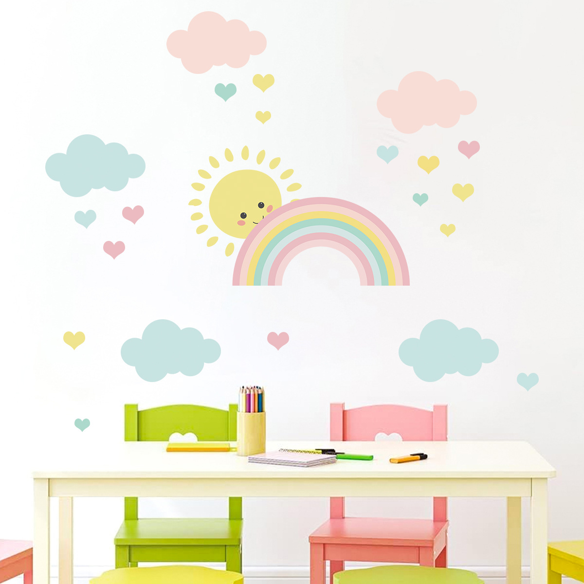 Baby Nursery Decor Girl - ملصقات جدارية كرتونية للشمس والقوس قزح